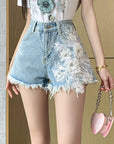 Flower Patchwork Denim Shorts