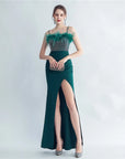 Fur and Rhinestone Cocktail Thigh Slit Gown