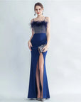 Fur and Rhinestone Cocktail Thigh Slit Gown