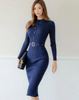 VERV Navy Blue Knit Bodycon Midi Dress with belt