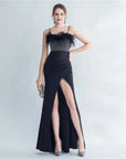 Fur and Rhinestone Cocktail Thigh Slit Gown