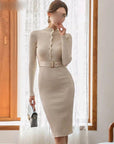 VERV Beige Knit Bodycon Midi Dress with belt