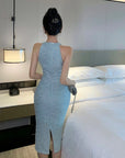 Sequin Pearl Embellished Halter Midi Dress