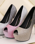 Gold glitter ombré peep-toe platform stiletto heels with 14 cm heel