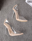 Nude pointed-toe stiletto heels with clear transparent side panels and clear heel