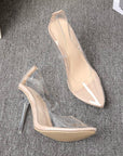 Nude pointed-toe stiletto heels with clear transparent side panels and clear heel