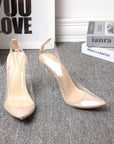 Nude pointed-toe stiletto heels with clear transparent side panels and clear heel