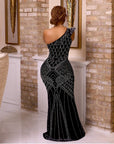 Black Rhinestone Studded Onw Shoulder Gown