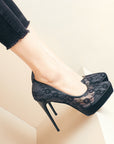 Black floral lace overlay pointed-toe platform stiletto heels with 12 cm heel