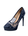 Black floral lace overlay pointed-toe platform stiletto heels with 12 cm heel