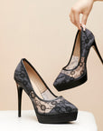 Black floral lace overlay pointed-toe platform stiletto heels with 12 cm heel