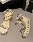 Beige Rivet Studded Wedge Heels
