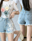 Flower Patchwork Denim Shorts