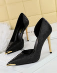 Black floral satin pointed-toe d’Orsay stiletto heels with gold metal toe cap
