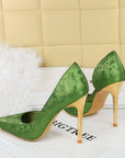Green floral satin pointed-toe d’Orsay stiletto heels with gold metal toe cap