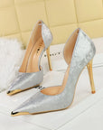 Silver floral satin pointed-toe d’Orsay stiletto heels with gold metal toe cap