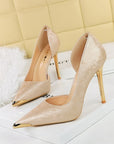 Champagne floral satin pointed-toe d’Orsay stiletto heels with gold metal toe cap