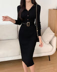 VERV Black Knit Bodycon Midi Dress with belt