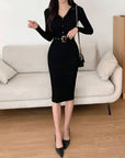 VERV Black Knit Bodycon Midi Dress with belt