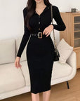 VERV Black Knit Bodycon Midi Dress with belt