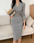 VERV Gray Knit Bodycon Midi Dress with belt