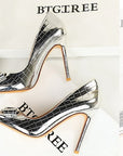 VERV Silver metallic high-heeled shoes with pointed toes and buckles