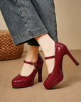 Red High Heeled Buckled Mary Jane Shoes