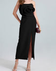 Daphne Rose Detail Strapless Slit Midi Dress