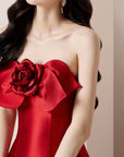 Red strapless dress with floral details
