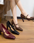 Brown Black Maroon high-heeled Mary Jane sandals with a gold buckle