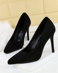 Black suede-look pointed-toe stiletto pumps with 10 cm heel