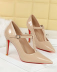 Khaki patent-look T-strap pointed-toe stiletto heels with 10 cm heel and buckle strap