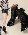 VERV Black Gloss Lace Up High Heel Boots