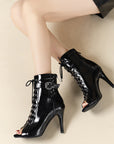 VERV Black Gloss Lace Up High Heel Boots