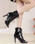 VERV Black Gloss Lace Up High Heel Boots
