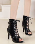 VERV Black Gloss Lace Up High Heel Boots