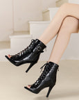 VERV Black Gloss Lace Up High Heel Boots