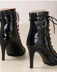 VERV Black Gloss Lace Up High Heel Boots
