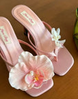 Pink high-heeled sandals with floral Love Bug, Open toe, kitten heels
