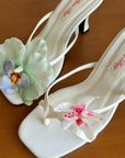 White high-heeled sandals with floral Love Bug, Open toe, kitten heels
