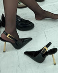 YSL inspired black golden high heel accent slingback sandals