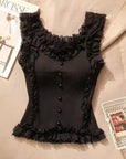 Black Ribbed Ruffles Top with Built In Bra