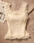 White Ribbed Ruffles Top with Built In Bra