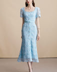 Blue classy Chanel style Lace Midi dress with belt