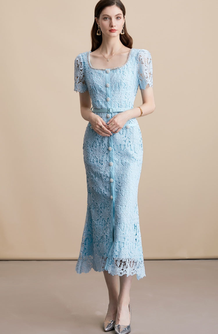 alaina midi dress Alaina Luxe Midi Dress With Belt in Blue – VÈRV LABEL®