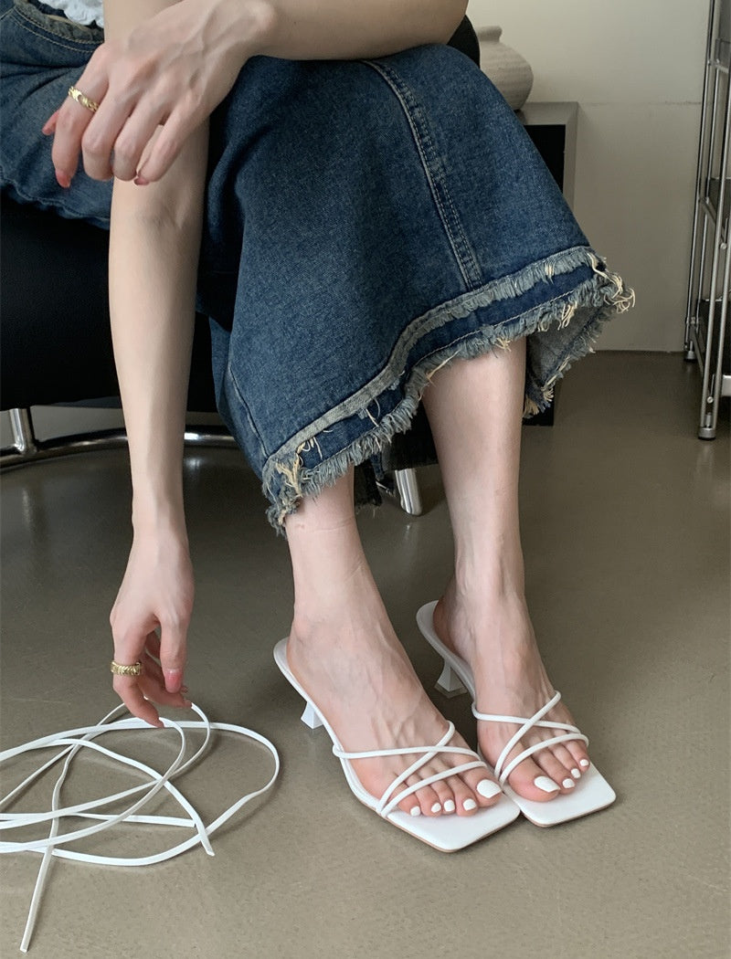 Lace up open kitten heels