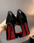Classic Louboutin Red Bottom Glittery Side Hollow Heels- Superior