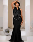 black evening backless gown with pearl accents, plunged neck