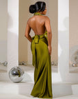 black evening backless gown with pearl accents, plunged neck