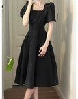 Black Pleated Dress with Puff Sleeves